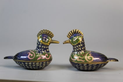 Pair of Chinese Cloisonne Bird Boxes