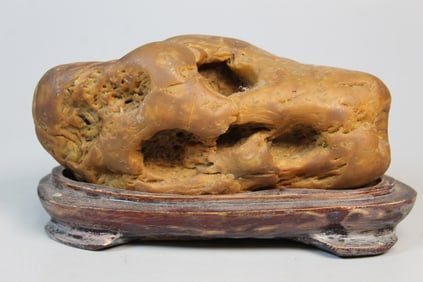 Chinese Yellow Wax Stone Scholar's Rock on Wood Stand