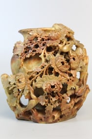 Chinese Carved Soapstone  Flower Vase