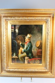 Guitar Tuning. Oil Painting on Board. unknown artist.