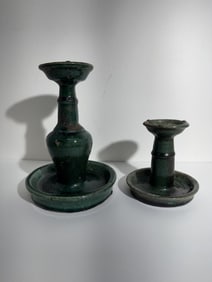 Lot of Two Chinese Ceramic Green Glaze Shiwan Oil Lamps