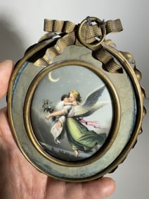 Antique Enamel Porcelain Portrait Plaque of Angel and Child
