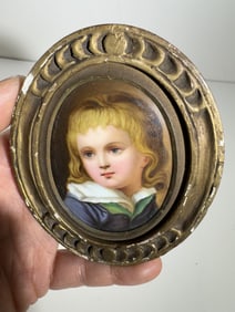 Antique Hand Painted Porcelain Portrait Plaque of Young Boy