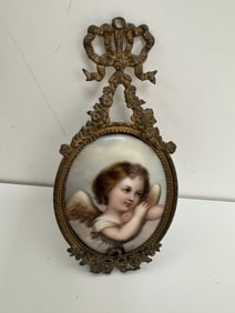 Antique Porcelain Portrait Plaque of Young Angel