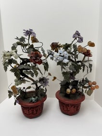 Pair of Chinese Jade and Hard Stone Bonsai Trees in Cloisonne Enamel Planters