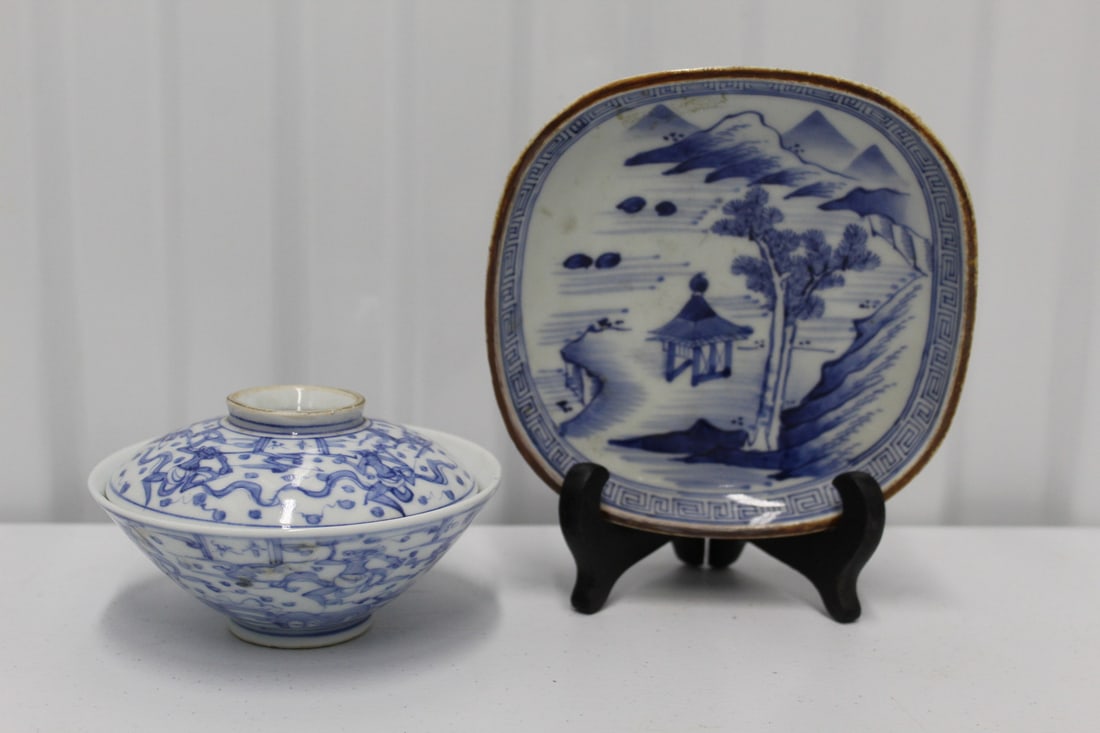 Two Japanese Blue and White Porcelain Covered Bowl and a Dish. (1 of 9)