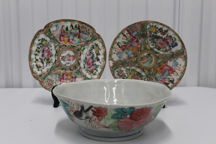 Two Chinese Rose Medallion Porcelain Plates and one hand painted Bowl