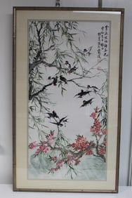 Mou Hong (Chinese 1914-2011) Chinese Ink and Watercolor Painting of Birds on Branches