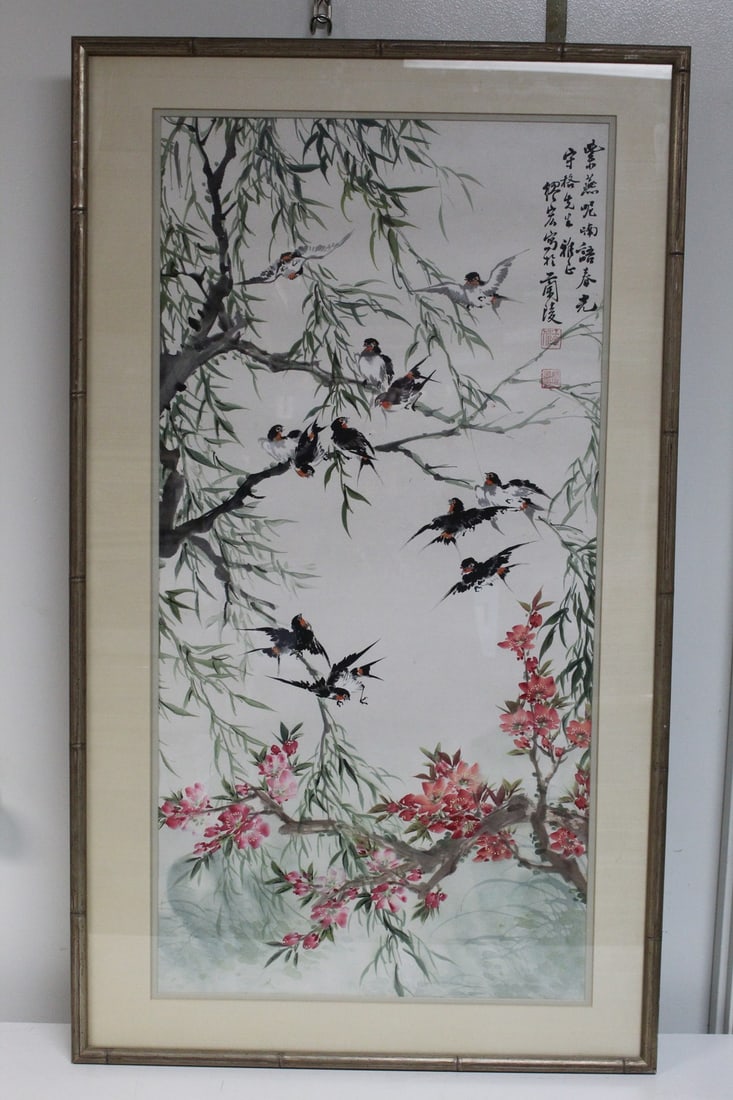 Mou Hong (Chinese 1914-2011) Chinese Ink and Watercolor Painting of Birds on Branches: Mou Hong (Chinese 1914-2011) Chinese Ink and Watercolor Painting of Birds on Branches. Painting size 35" x 17". Frame 41" x 23.5".