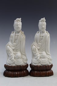 Pair of Chinese Blanc de Chine Guanyin Porcelain Statues on Wood Stands