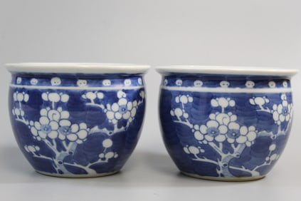 Pair of Chinese Blue and White Porcelain Small Jardinieres.