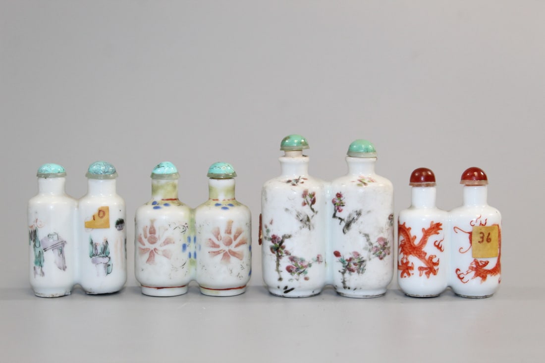 Four Chinese Famille Rose Porcelain Double-vase Snuff Bottles (1 of 9)