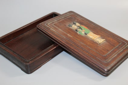 Chinse Hardwood Ink Box with Carved Bone Inlay.