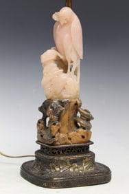 Chinese Carved Rose Quartz Parrot Statue Lamp
