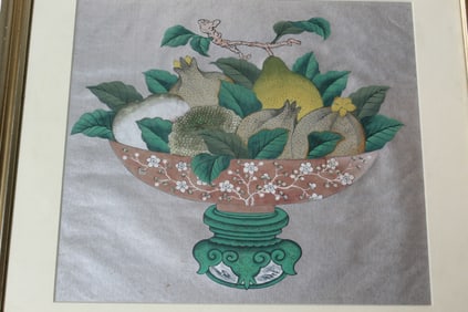 Chinese water color painting on paper, fruits in porcelain bowl