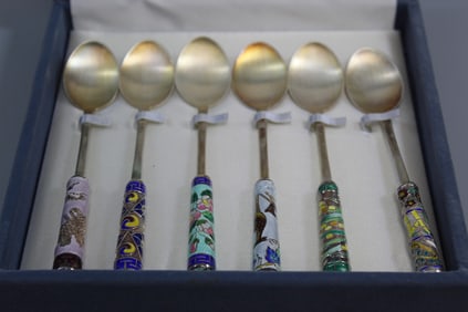 Set of Six Korean Enameled Silver Teaspoons