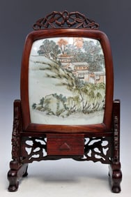 Chinese Painted Porcelain Plaque Wood Table Screen