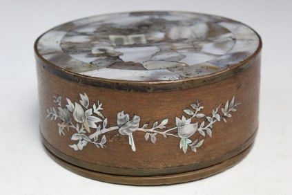Chinese Round Wood Box with MOP Decorations