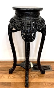 Tall Chinese Carved Wood Flower Stand with Marble Top