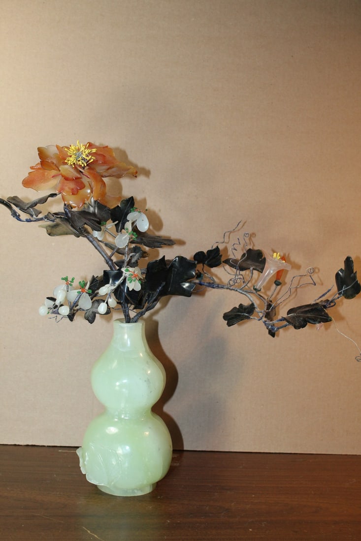 Chinese Celadon Jade Gourd Vase Jade Flowers Bonsai: Chinese Celadon Jade Gourd Vase Jade Flowers Bonsai. Vase H 7". Total H 14". As Is.