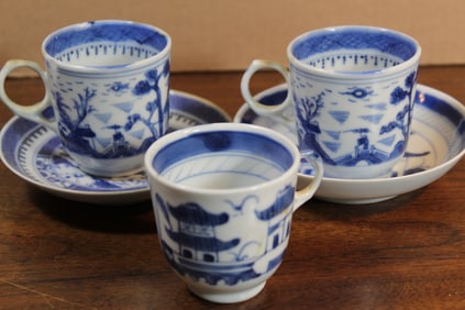 Chinese Canton Blue and White Porcelain Cups and Saucers