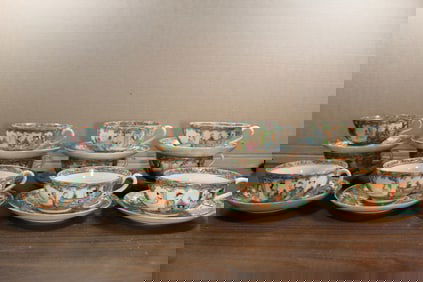 Twelve Sets of Chinese Rose Medallion Porcelain Cups and Saucers.