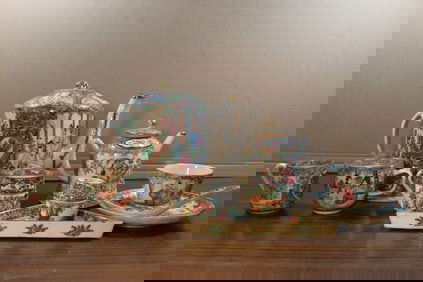 Group of Chinese Rose Medallion Porcelain Teapots and Cups.