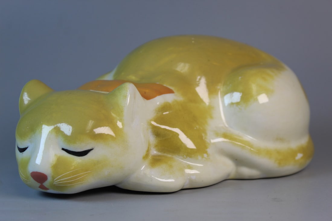 Asian Porcelain Sleeping Cat Figure: Asian Porcelain Sleeping Cat Figure. L 9.5". H 4'.