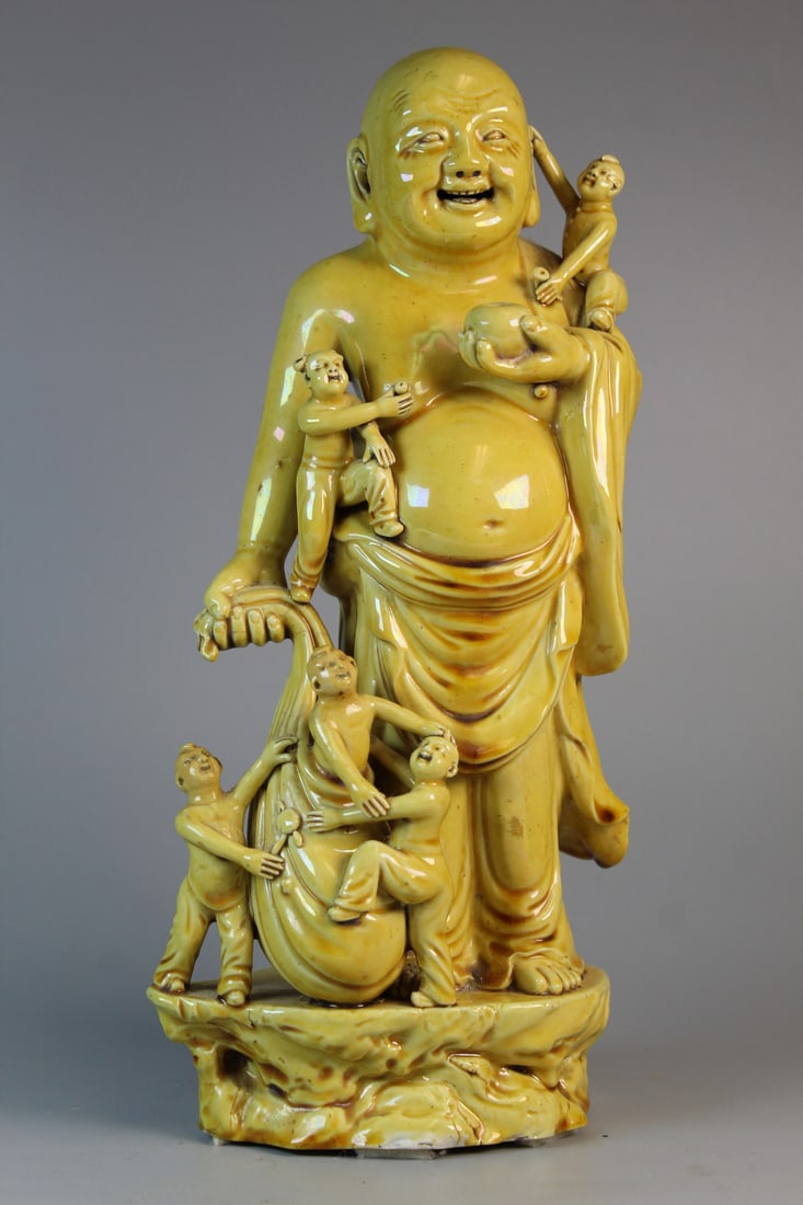 Chinese Yellow Glazed Porcelain Laughing Buddha Statue: Chinese Yellow Glazed Porcelain Laughing Buddha Statue. H 11".