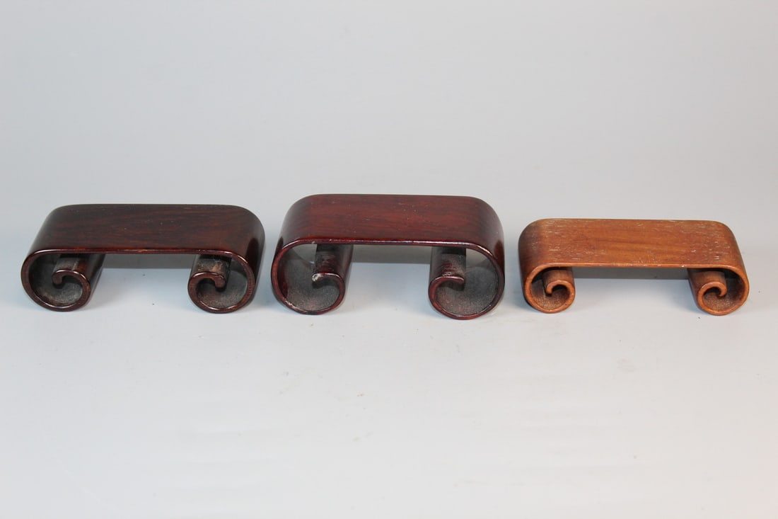 Three Chinese Scroll Shaped Wood Stand: Three Chinese Scroll Shaped Wood Stand. 3.75x1.75x1.25".