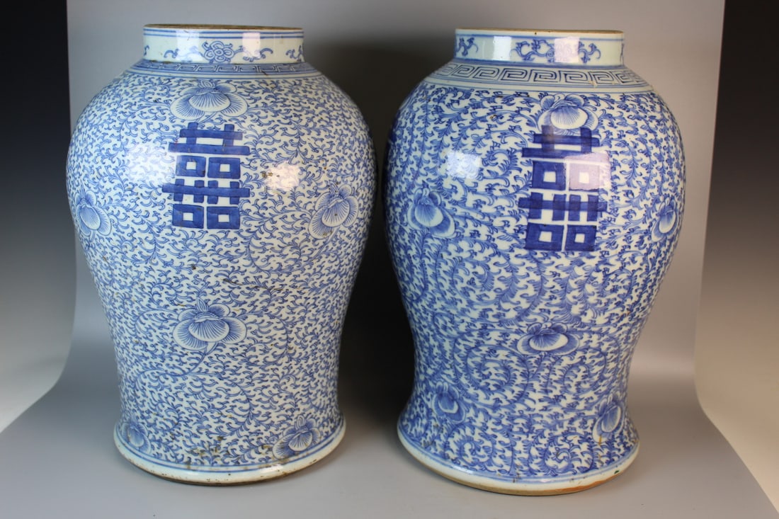 Two Big Chinese Blue and White "Double-Happiness" Porcelain Temple Jars (1 of 7)