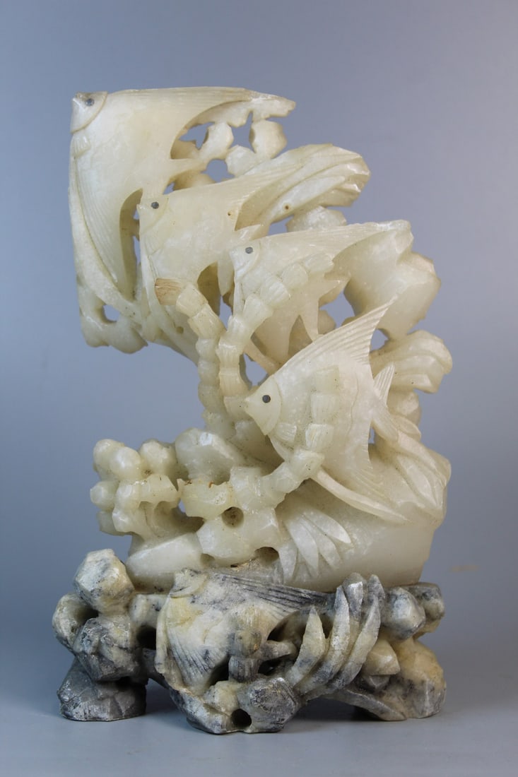 Chinese Carved Soapstone Fish Statue: Chinese Carved Soapstone Fish Statue. H 9.5". W 5.5".