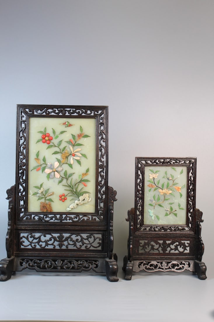 Two Chinese Jade Table Screens on Carved Wood Stands (1 of 9)