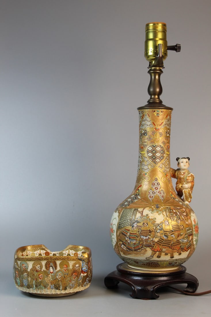 Japanese Satsuma Vase Lamp and a Bowl (1 of 9)
