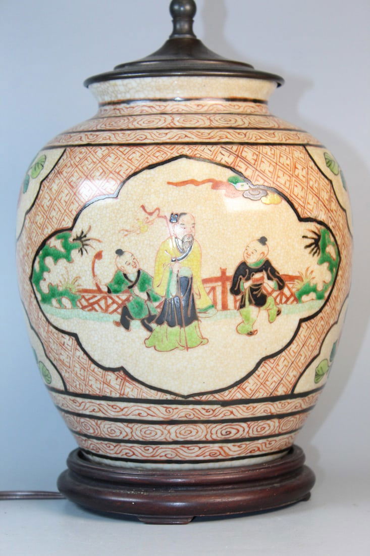 Chinese Crackle Glaze Famille Rose Porcelain Jar Lamp (1 of 9)