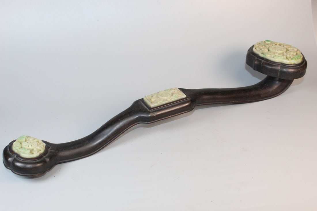 Chinese Carved Jadeite on Wood Ruyi Scepter (1 of 8)