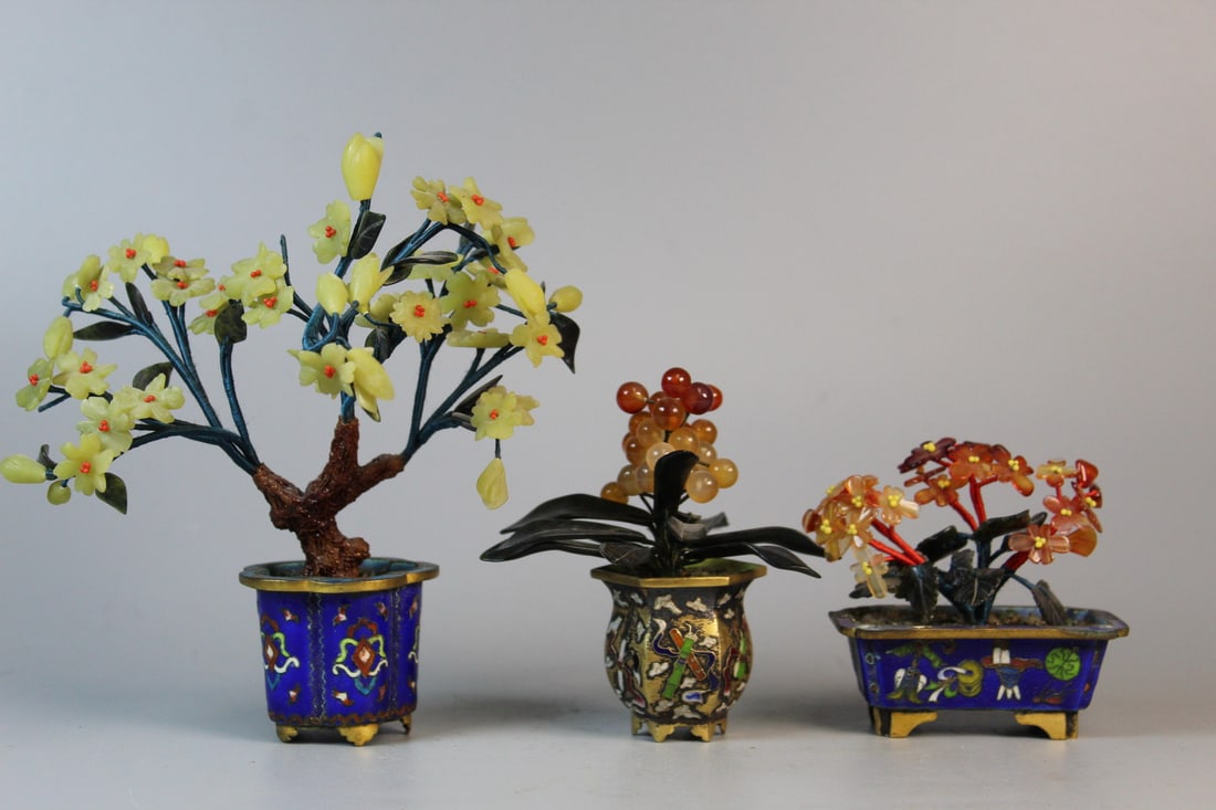 Three Chinese Miniature Jade Bonsai Flowers (1 of 9)