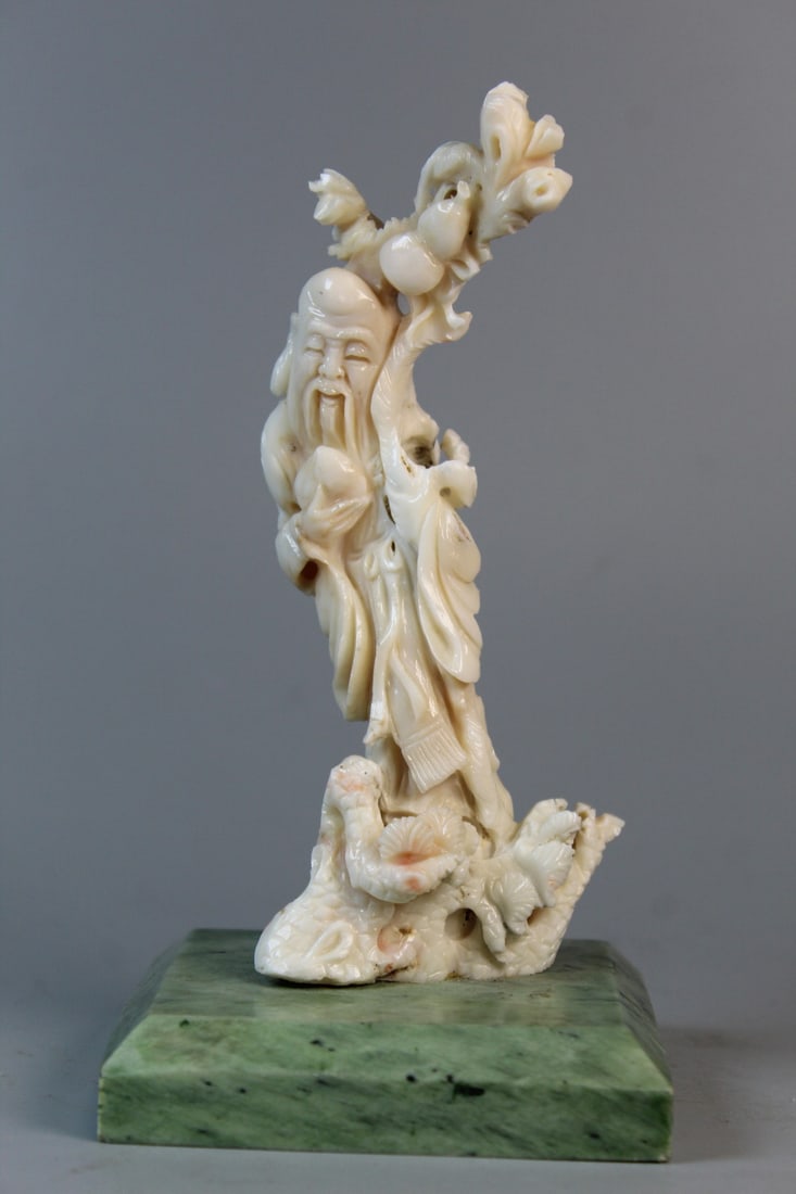 Chinese Carved Coral Shoulao Figure on Stand: Chinese Carved Coral Shoulao Figure on Stand. H 6", Total H 7".