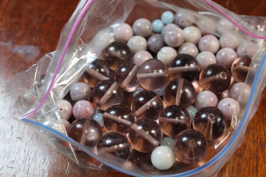 Pink Glass and Jadeite Beads: Pink Glass and Jadeite Beads. Diam 0.75"