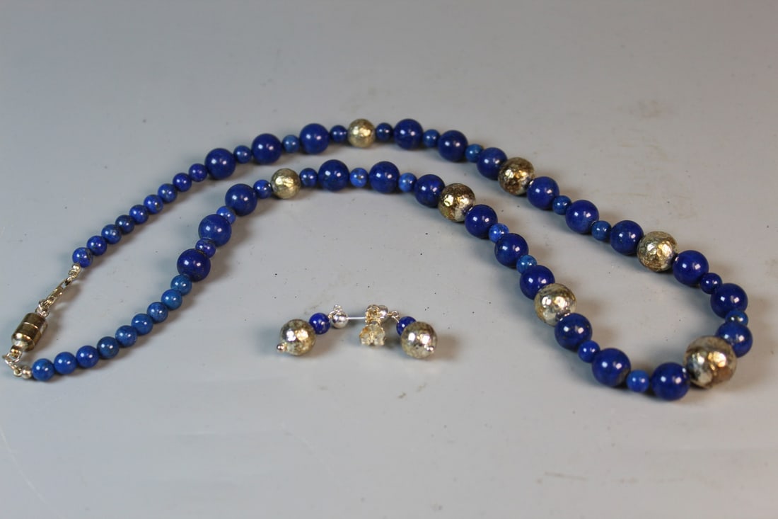 Lapis Lazuli and Silver Beads Necklace and Earrings (1 of 7)