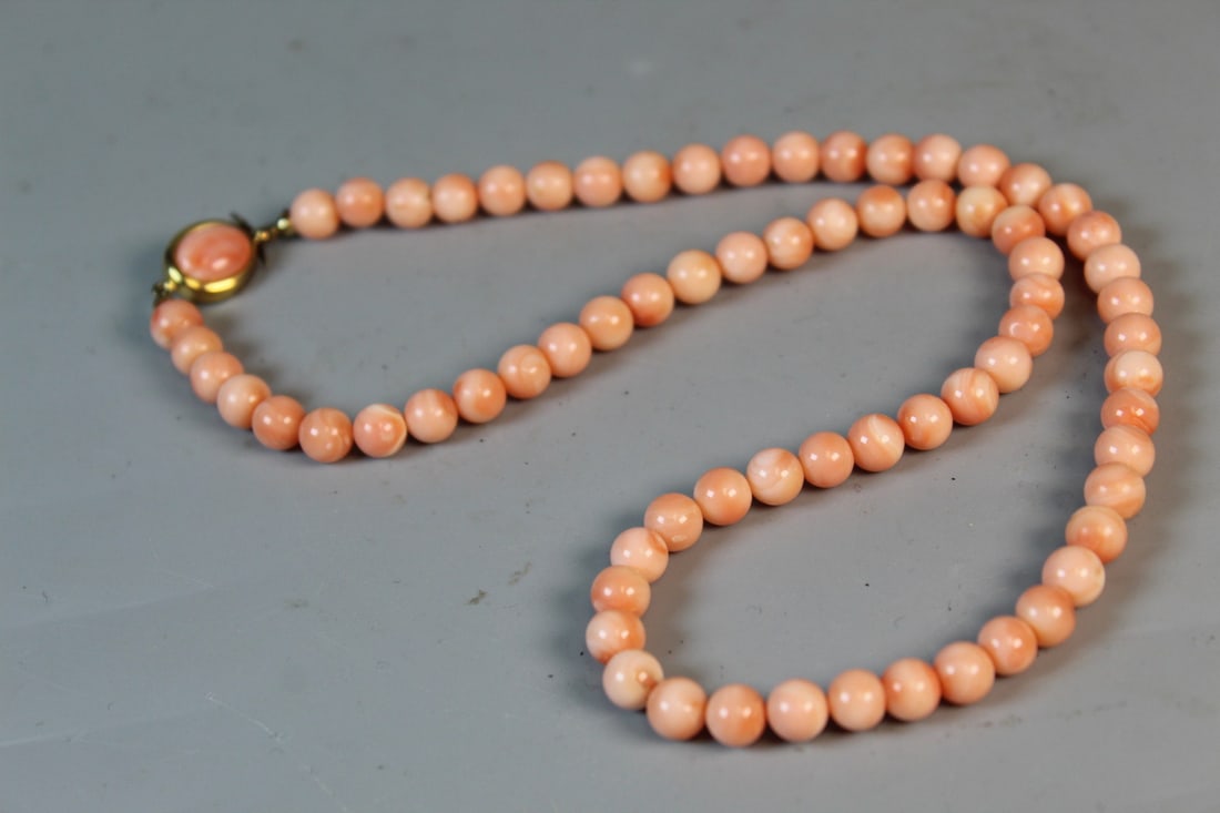 Angel Skin Coral Beads Necklace: Angel Skin Coral Beads Necklace. L 18". Bead 0.25".