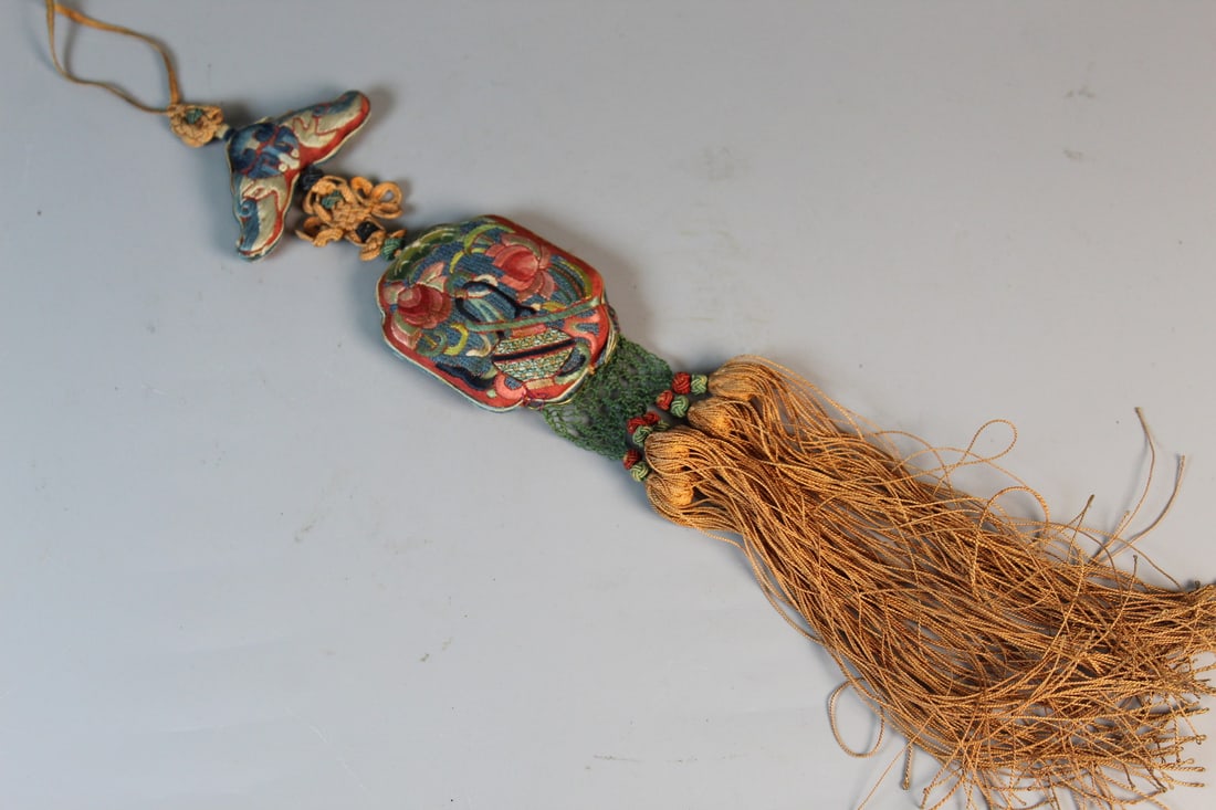 Chinese Antique Embroidered Silk Tassel: Chinese Antique Embroidered Silk Tassel. L 14".