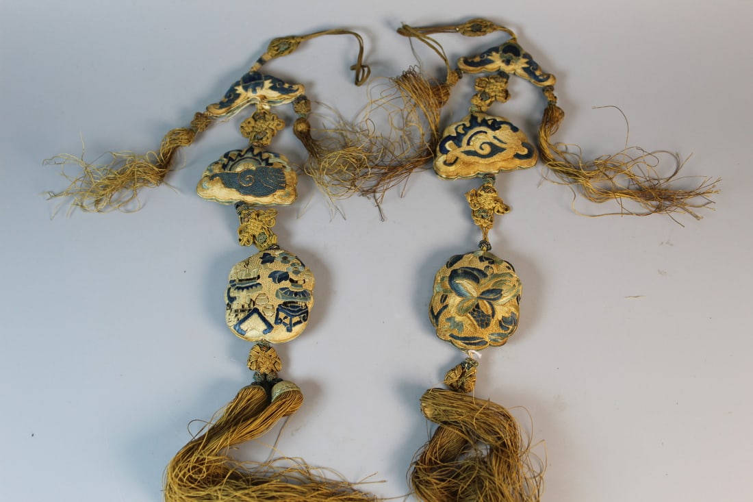 A Pair of Chinese Antique Embroidered Silk Tassels: A Pair of Chinese Antique Embroidered Silk Tassels. L 21".