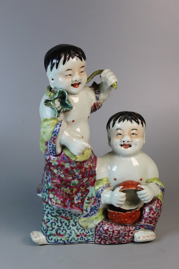 Chinese Famille Rose Porcelain Figure of He Brothers: Chinese Famille Rose Porcelain Figure of He Brothers. 10.75x7x3.5". Zhu Mao Sheng Mark on the bottom.