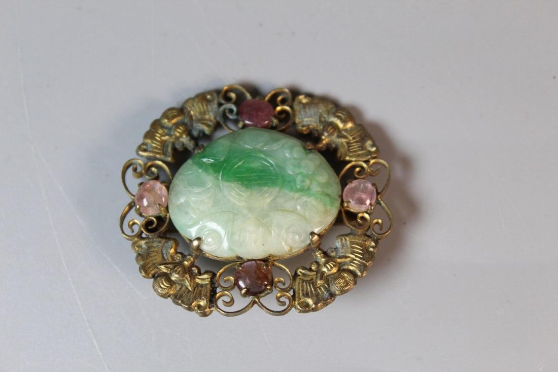 Antique Chinese Jadeite and Tourmaline Pin: Antique Chinese Jadeite and Tourmaline Pin. L 1.75".