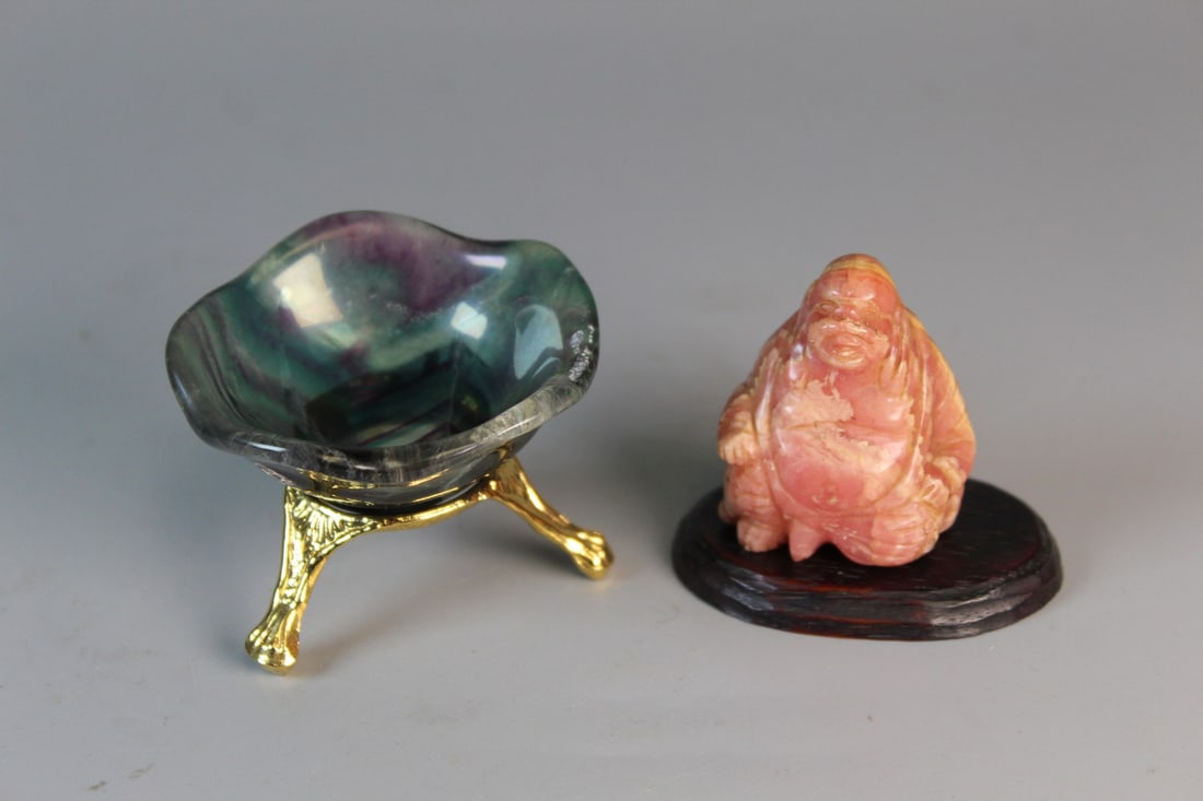Tourmaline Cup and a Stone Buddha Figurine: Tourmaline Cup and a Stone Buddha Figurine. Cup diam 2.5".