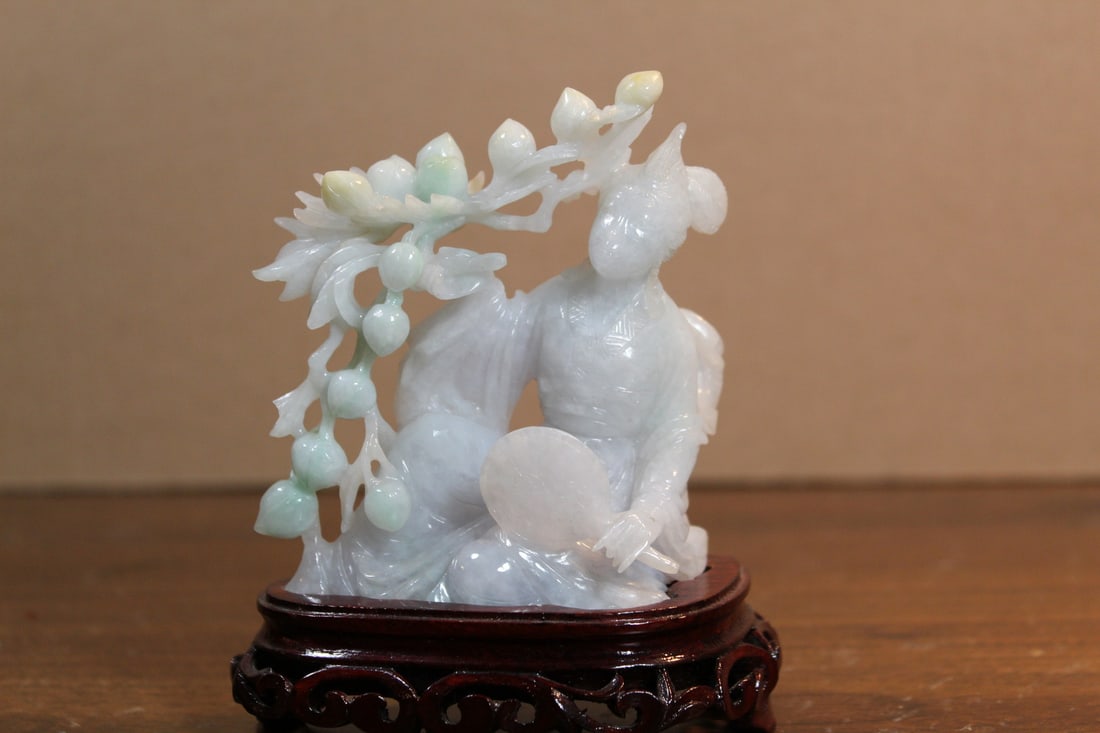 Chinese Carved Jadeite Figure of a Lady: Chinese Carved Jadeite Figure of a Lady. H 3.5" without stand. Total height 4 1/4".