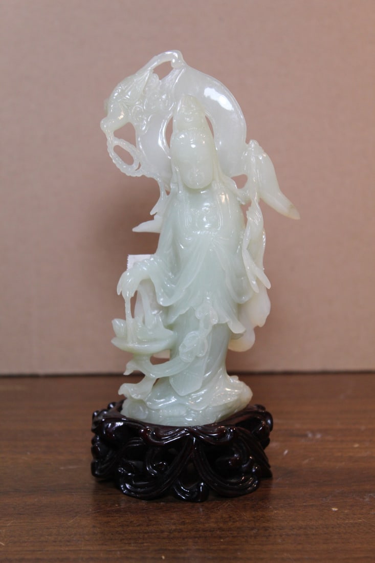 Chinese Carved Celadon Jade Guanyin Statue on Wood Stand (1 of 6)