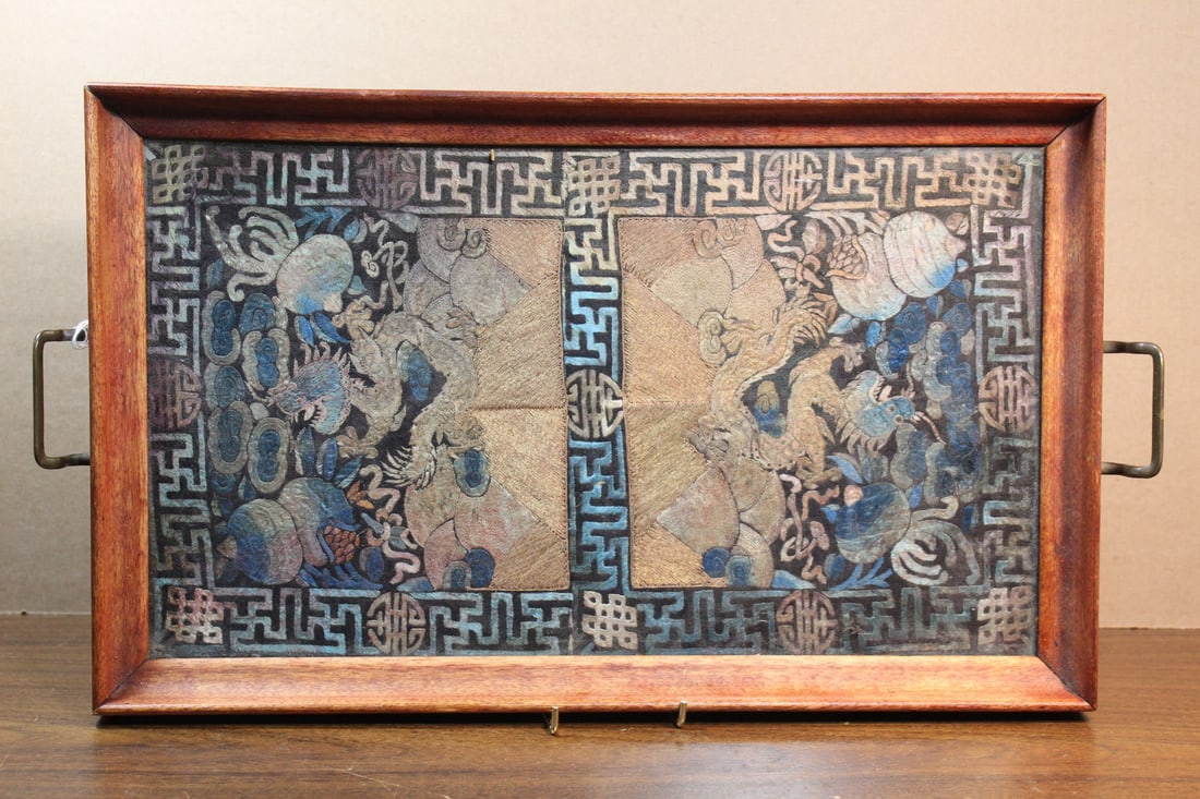 Wood Tea Tray Decorated with Pair of Chinese Court Badges: Wood Tea Tray Decorated with Pair of Chinese Court Badges. Size 19.25" x 10.5" x 1.25".
