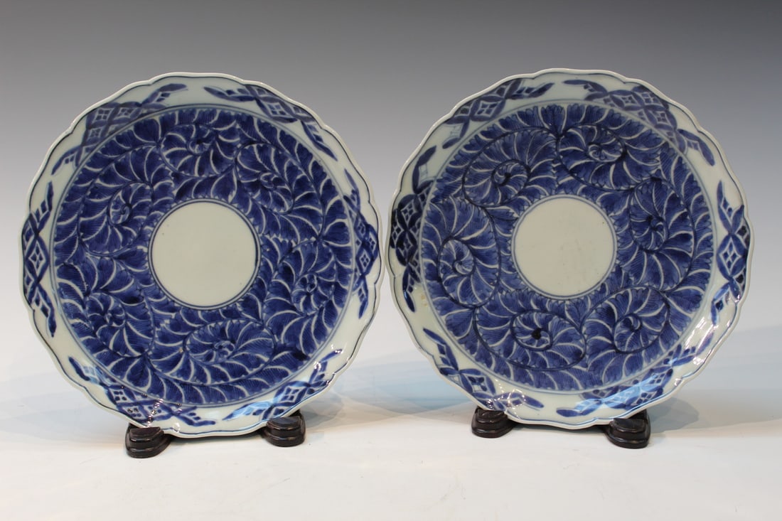 Pair of Japanese Blue and White Porcelain Dishes: Pair of Japanese Blue and White Porcelain Dishes. Diam 9".